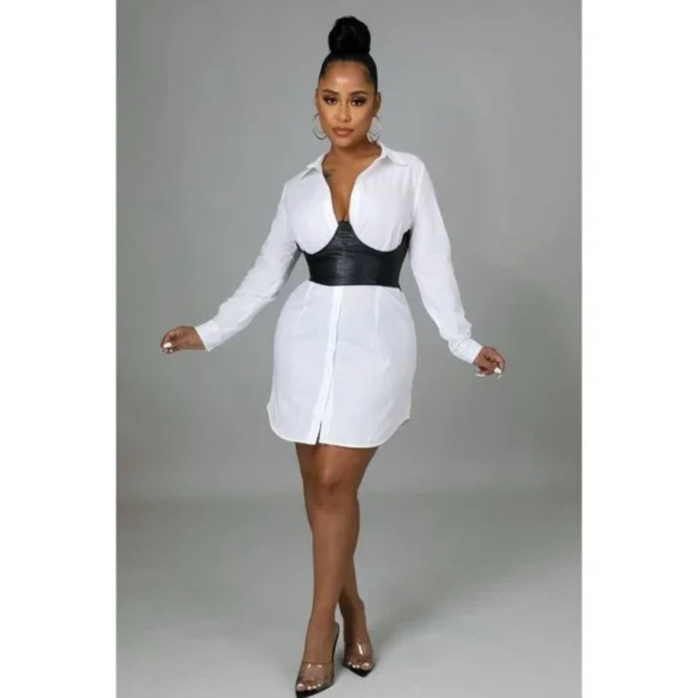 White Long Sleeve Mini Shirt Dress with Black Faux Leather Corset Belt - Picture 5 of 14